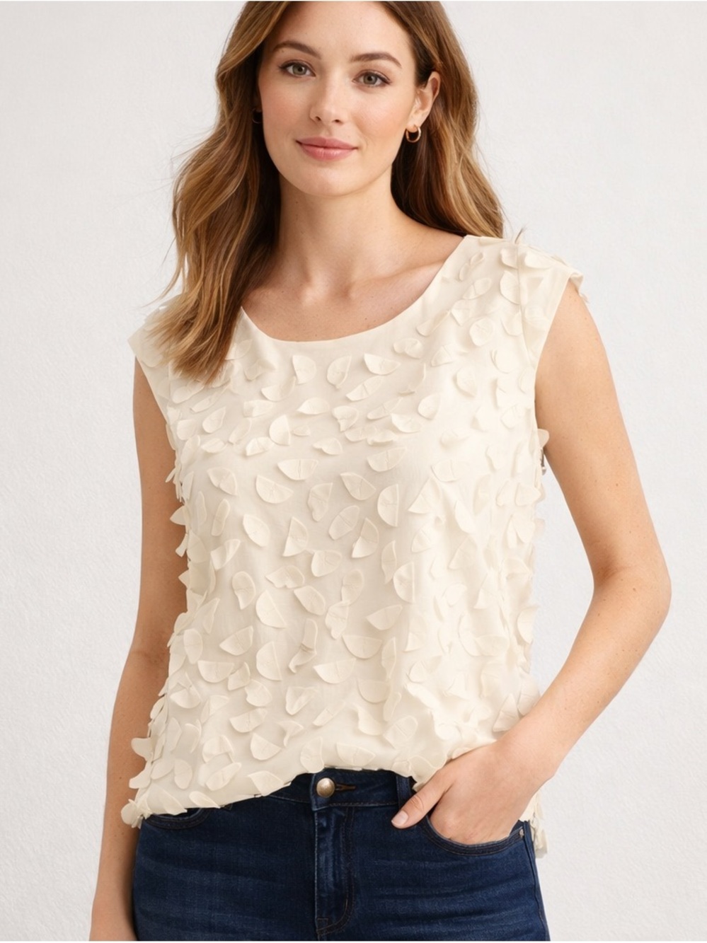 Talbots 100% Silk Ivory Textured Appliqué Blouse Sleeveless Neutral Top Sz 10